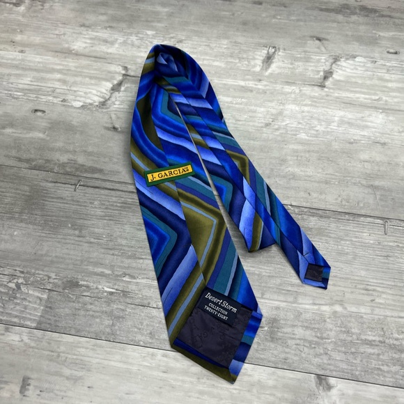 J. Garcia DESERT STORM Blue & Olive Pattern Silk Tie - Picture 5 of 5